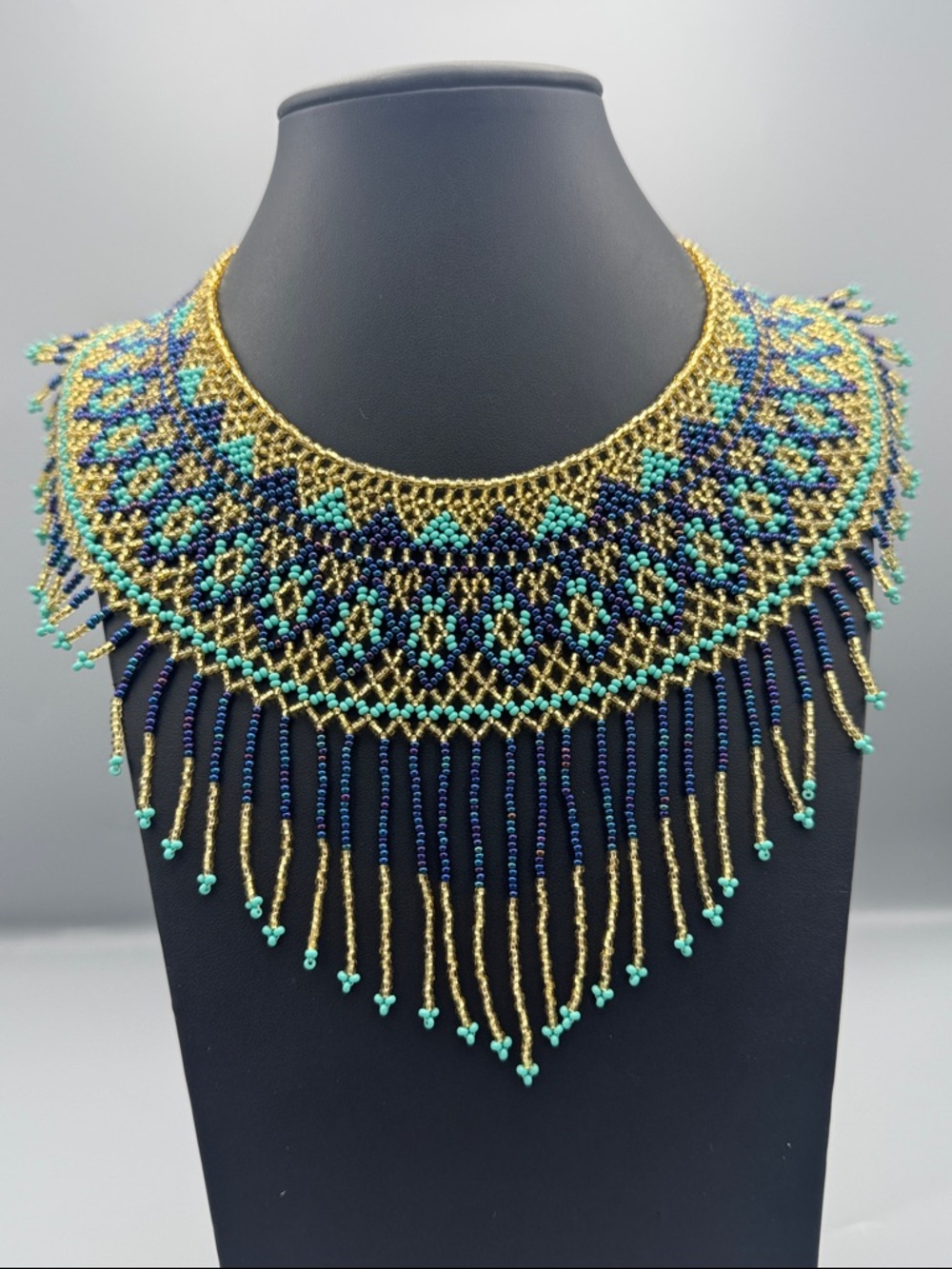 Handcrafted Gold, Navy & Turquoise Beaded Fringe Collar Necklace